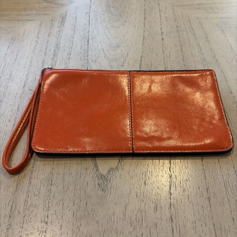 Leather Wristlet Clutch Orange rectangular zip top design attatched wrist strap